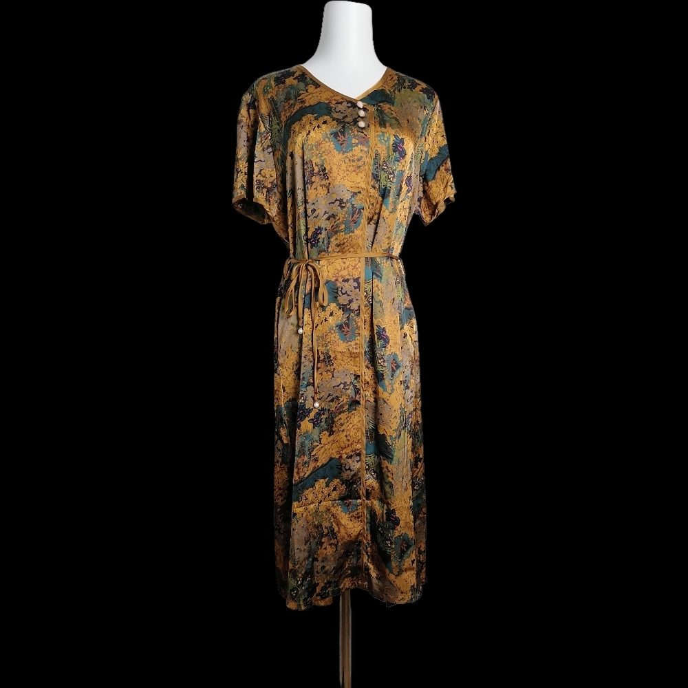 🐝 4XL, goldenrod and teal 92% mulberry silk short-sleeve maxi dress